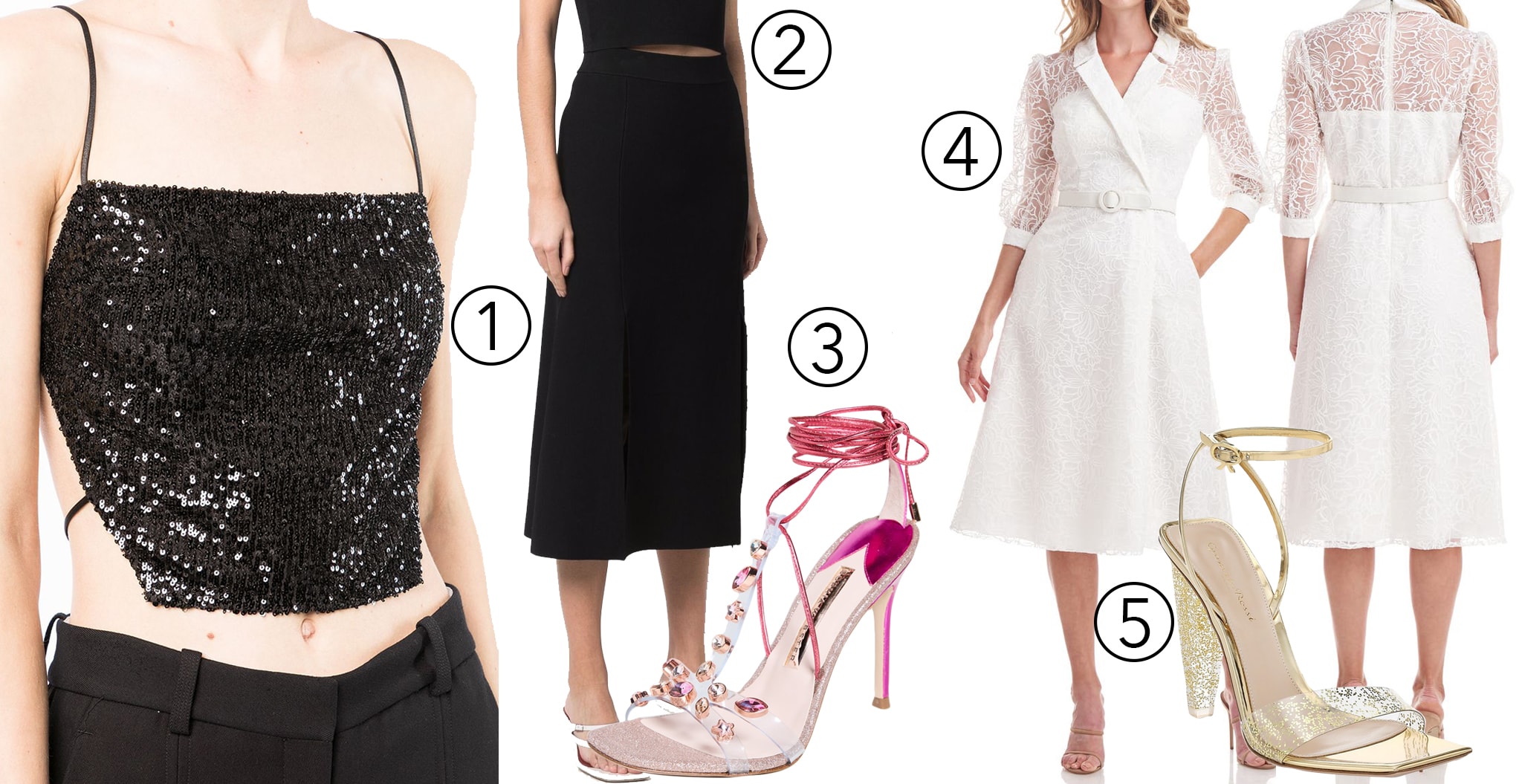 1. In The Mood For Love glitter square-neck top, 2. Maje front-slit midi skirt, 3. Sophia Webster Camille sandals, 4. Kay Unger Khloe floral illusion lace dress, 5. Gianvito Rossi glitter stiletto sandal — a mix of elegant and playful pieces for sparkling style at any event