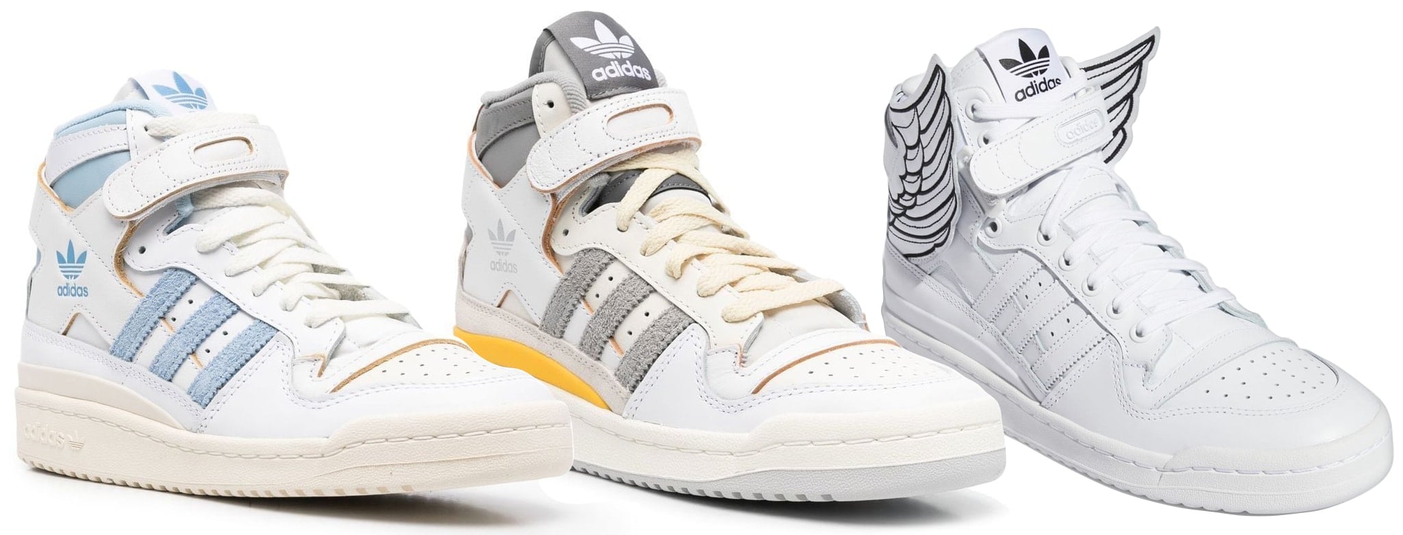 The Adidas Forum remains one of the brand's defining basketball high-tops, recognizable for its ankle strap, layered leather construction, and decades of collaborations ranging from vintage court-inspired colorways to Jeremy Scott's iconic winged editions