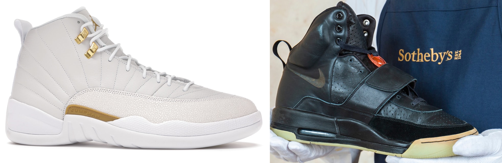 The Air Jordan 12 OVO Drake Edition (left) was sold for $100,000, while Kanye West's prototype Nike Air Yeezy 1 (right) fetched $1.8 million at auction