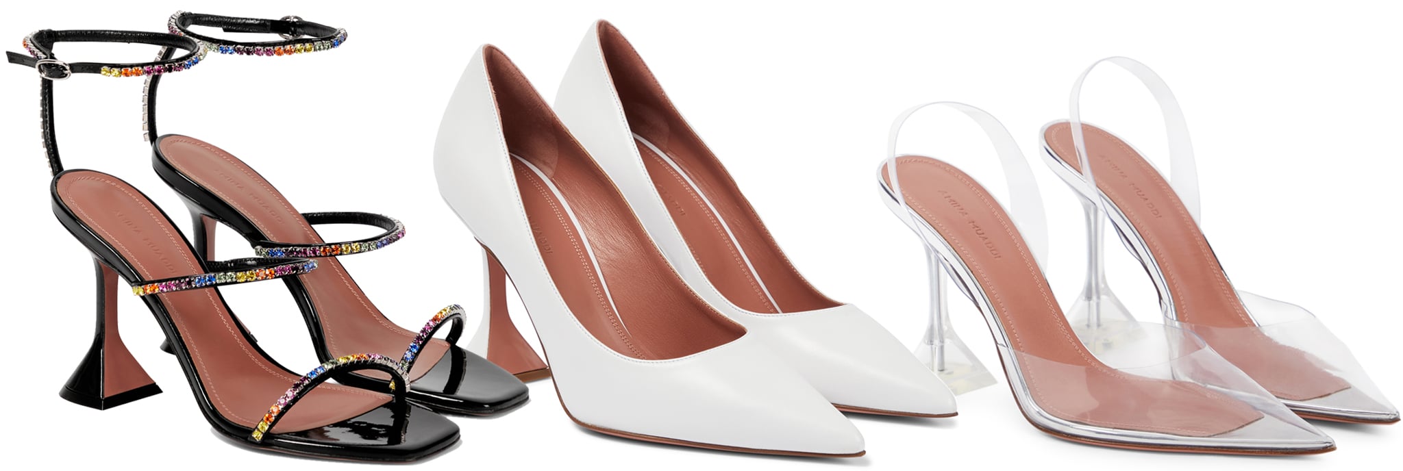 Amina Muaddi’s sculptural style is on full display with the crystal-embellished Gilda Sandals ($926), sleek Ami Leather Pumps ($775), and transparent Holli Glass PVC Slingback Pumps ($775)