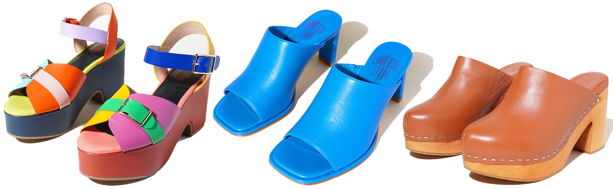 Charlotte Stone’s playful aesthetic comes through in the Raf Chunky Platform Sandals ($258), Rio Open-Toe Mules ($224), and Marlo Chunky Wooden Platform Clogs ($228)