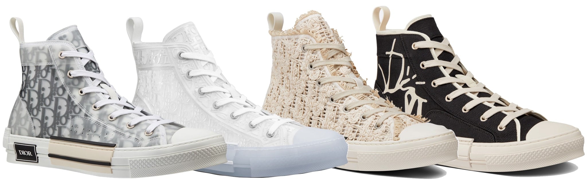 The Dior B23 transformed the classic canvas high-top into a luxury statement piece, with translucent panels, oversized Dior Oblique branding, and seasonal reinterpretations that have made it one of the fashion house's most recognizable sneaker designs