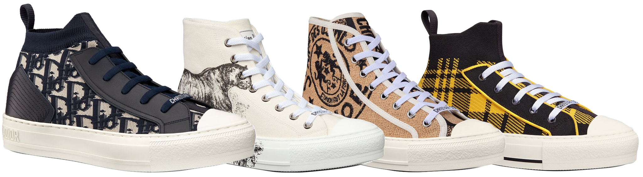 The Walk'n'Dior transforms the classic canvas high-top through embroidered Dior motifs, seasonal prints, and artisanal fabrics, offering a more relaxed and fashion-forward alternative to the house's sportier B23 silhouette