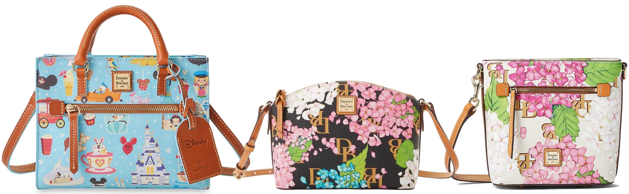 Dooney Bourke bags showcase their signature blend of playful prints and timeless designs, including collaborations with Disney and floral-inspired collections
