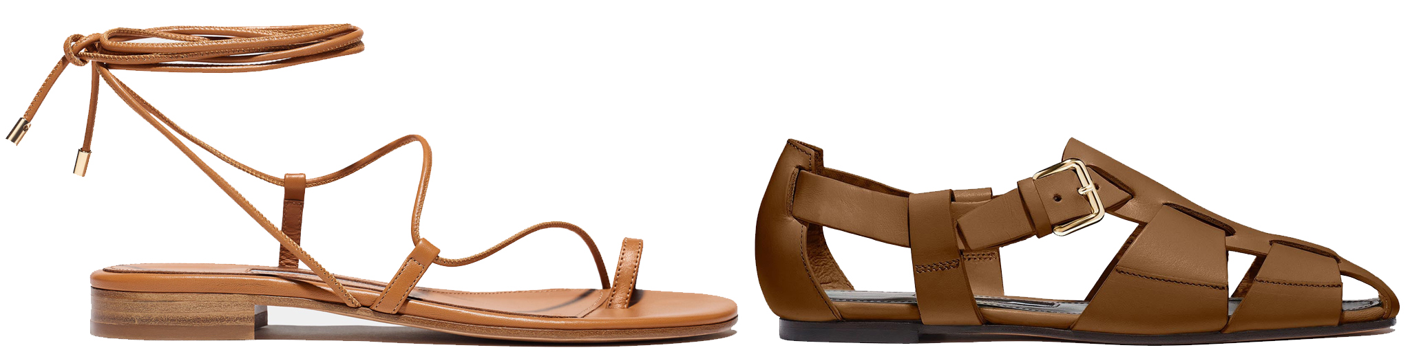 Emme Parsons blends minimalism with craftsmanship in the Susan Sandal in Tobacco Nappa ($395) and the Ernest Fisherman Sandal in Hazelnut Calfskin ($475)