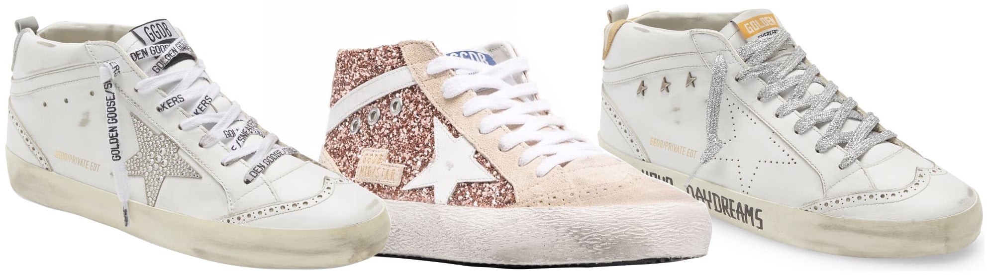 Unlike the basketball-inspired Sky Star, Golden Goose's Mid Star combines mid-top sneaker styling with brogue-inspired detailing, glitter accents, and fashion-focused finishes that blur the line between skate, casual, and luxury footwear