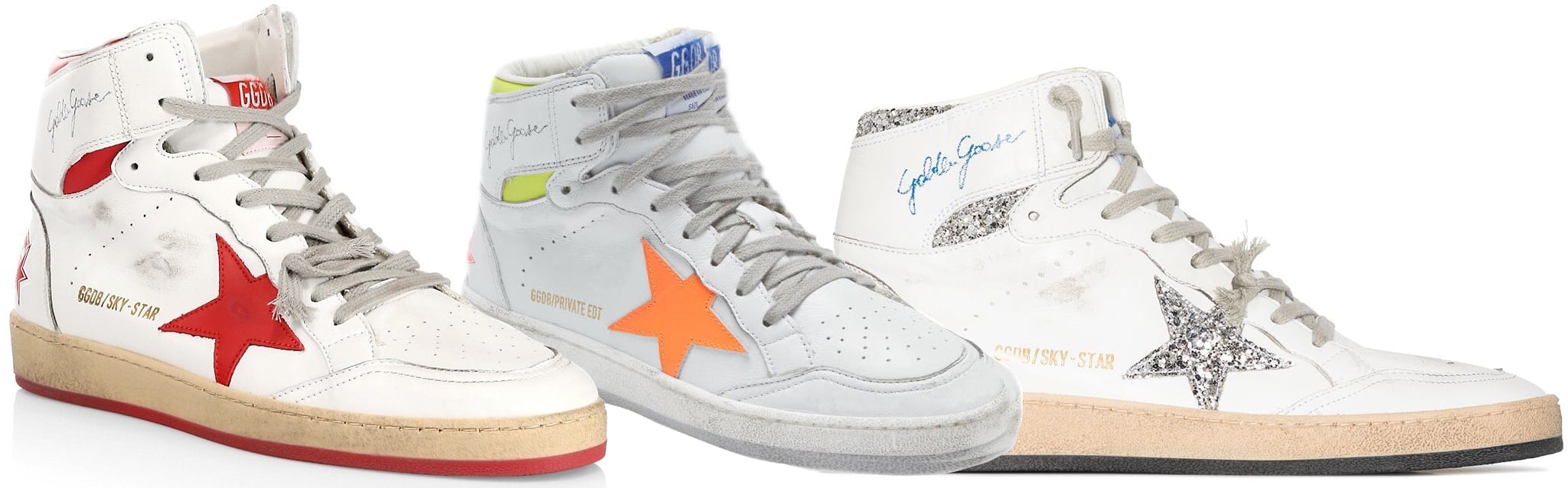 Golden Goose's Sky Star line draws directly from vintage basketball footwear, pairing a true high-top silhouette with the brand's signature distressed finish, oversized star logo, and retro court-inspired proportions