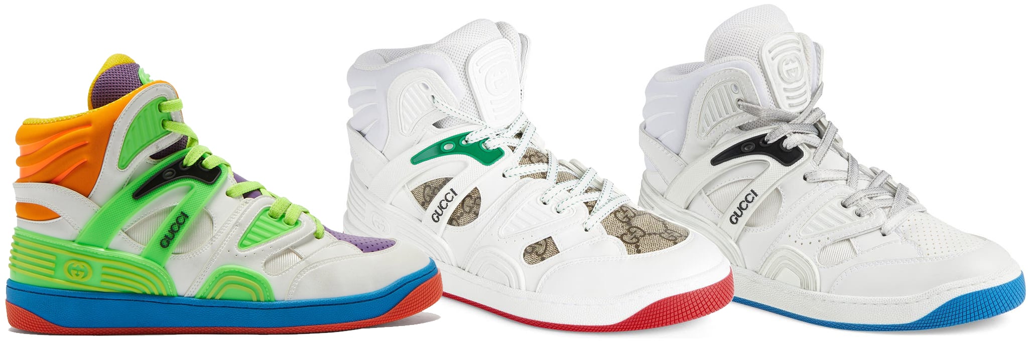 Inspired by retro basketball footwear, the Gucci Basket combines chunky proportions, technical detailing, and bold color accents to deliver a distinctly modern take on the luxury high-top sneaker