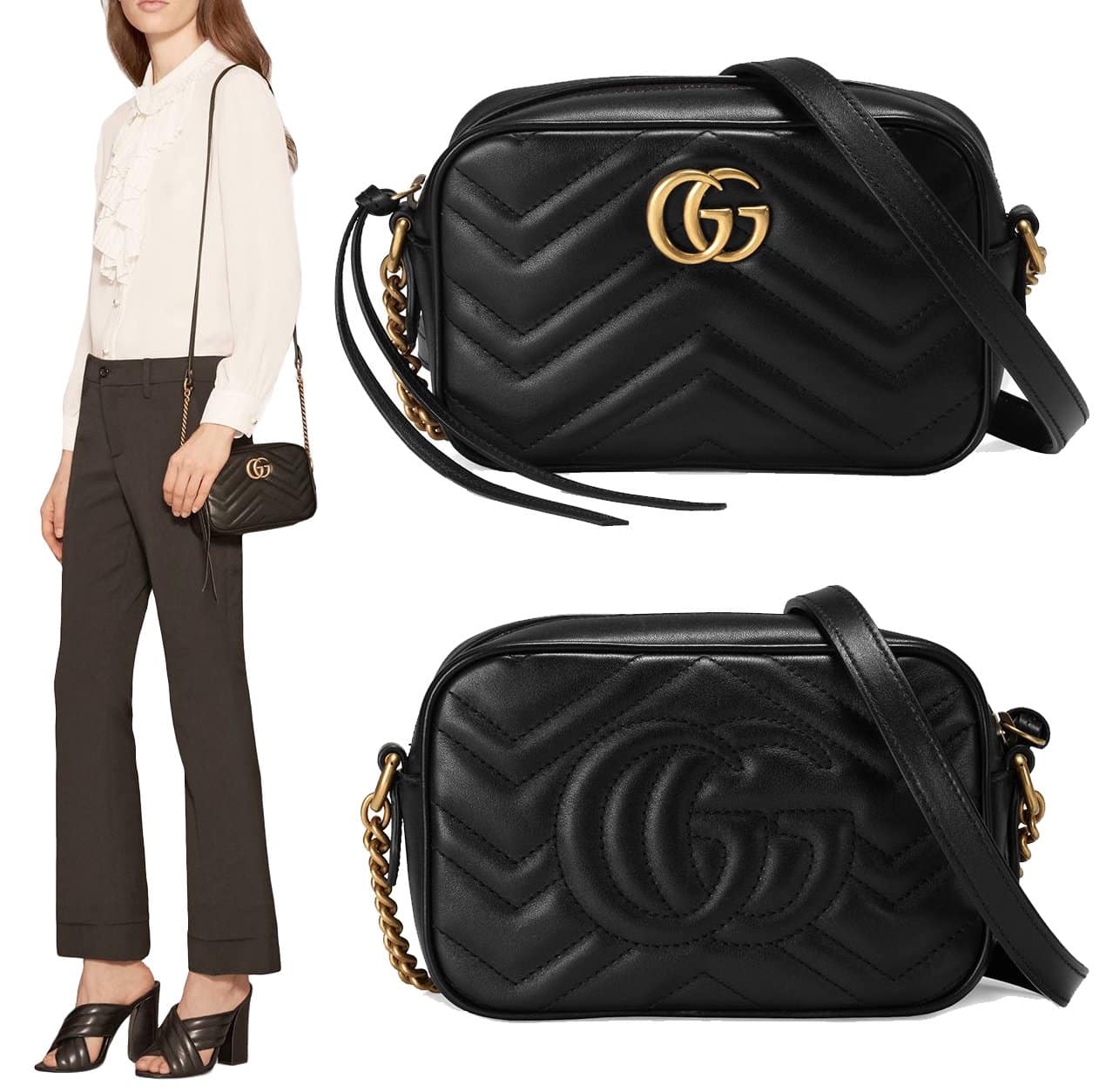 The GG Marmont mini bag is softly structured from matelasse leather with a chevron design, a double G hardware, and a GG on the back