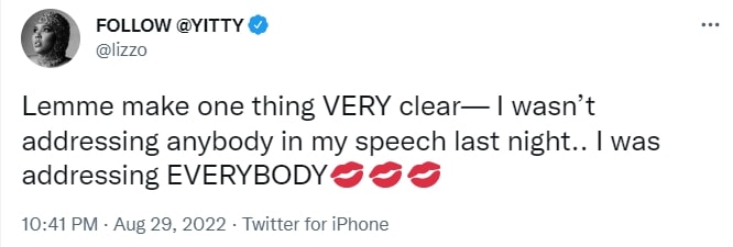 Lizzo tweeted to clarify her Video Music Awards speech
