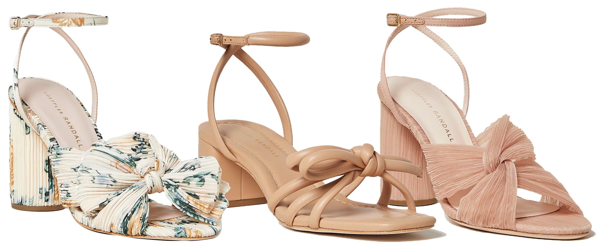 Loeffler Randall’s signature romantic touch comes through in the Camellia Nova Floral Bow Heel ($395), the Mikel Dune Bow Mid-Heel Sandal ($295), and the Reed Beauty Pleated Twist Heel ($395)