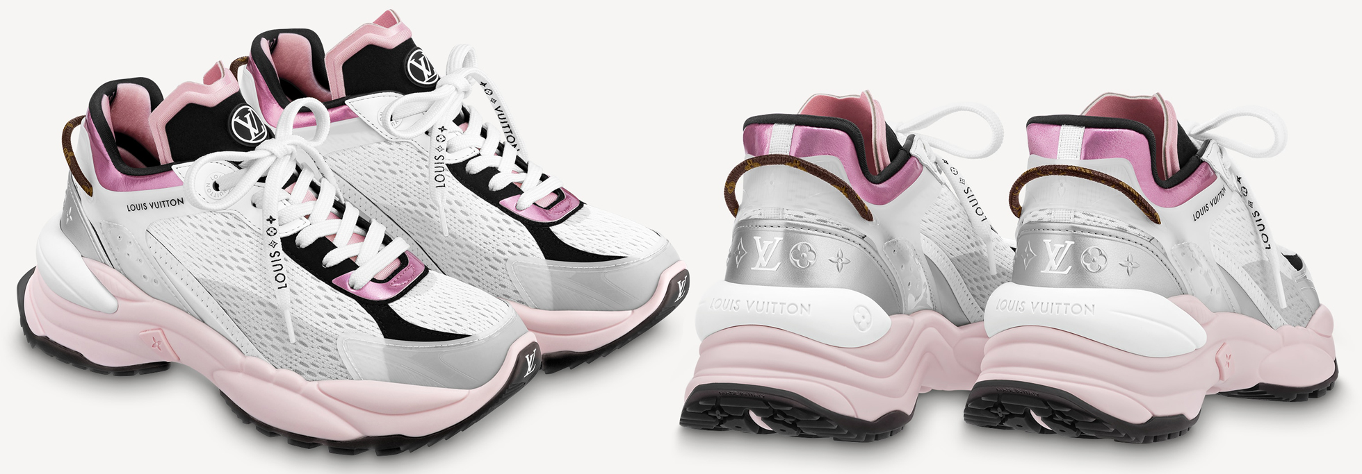 Made of mesh and laminated pink leather, the Run 55 is designed for comfort with its elevated outsoles