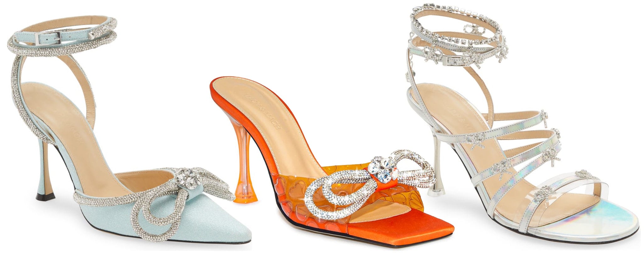 Mach Mach’s sparkling lineup includes the Glitter Double Crystal Bow Pointed Toe Pump ($1,079), the Hearts Crystal Double Bow Square Toe Slide Sandal ($1,035), and the Camille Crystal Bow Strappy Sandal ($1,120)