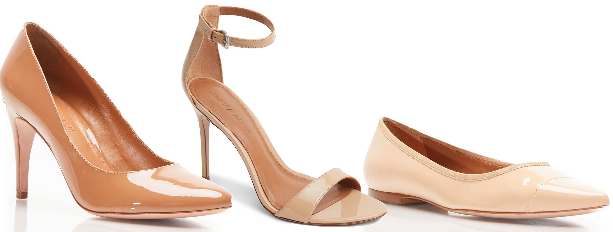 Rebecca Allen’s inclusive nude collection features The New Pump in Nude III ($265), The Two Strap Sandal in Nude IV ($275), and The Skim Flat in Nude IV ($265)
