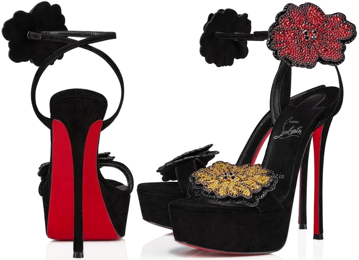 A crystal-embellished Button Flower adorns a sky-high Louboutin sandal, embodying the joy and cultural fusion of the Louboutin x Sudo collection