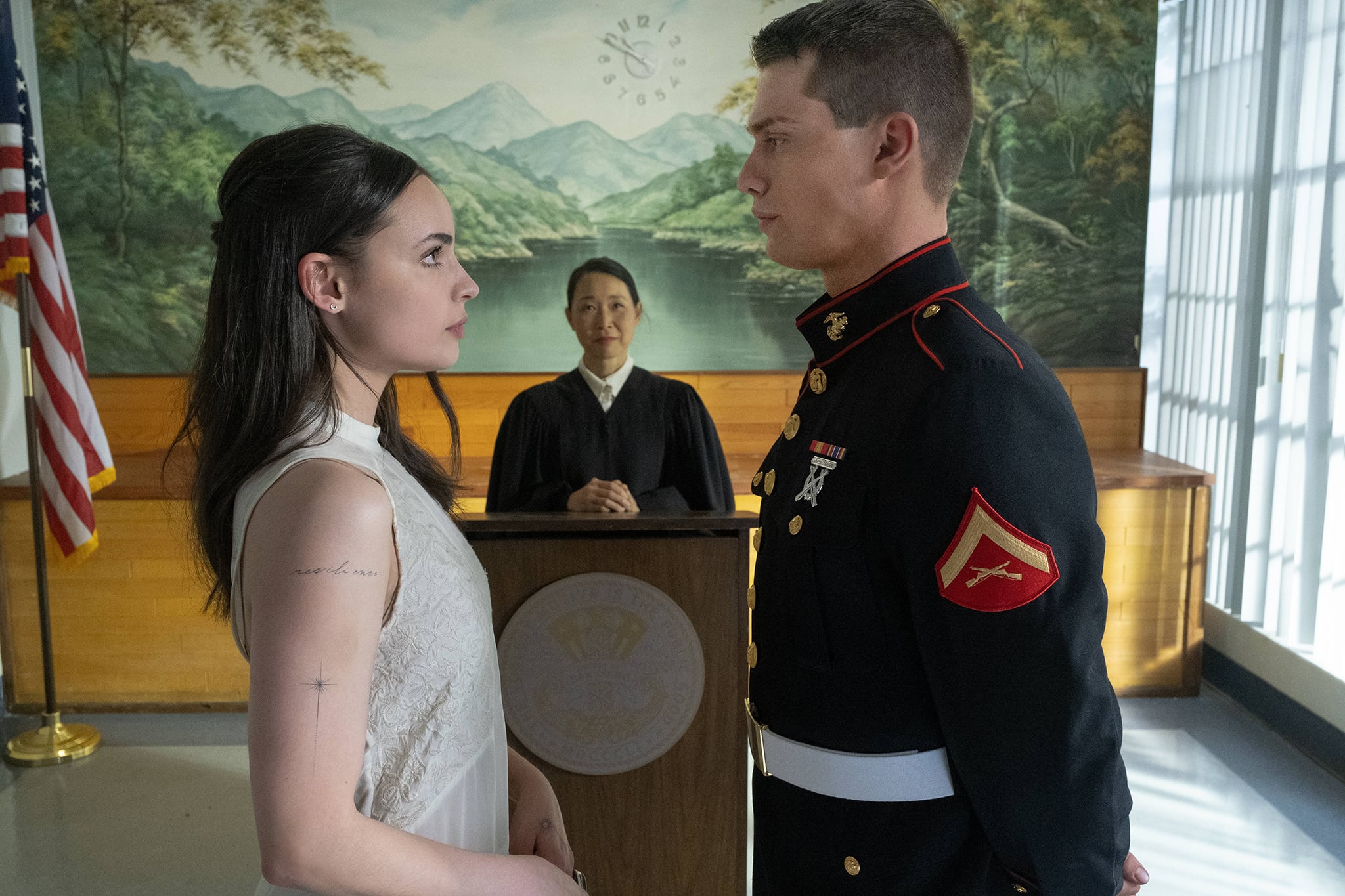 Sofia Carson and Nicholas Galitzine on set for Purple Hearts, where their natural on-screen chemistry quickly became a highlight of the film