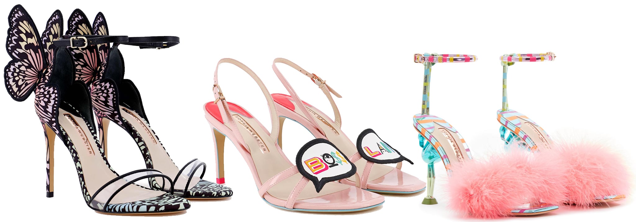 Sophia Webster’s whimsical designs shine with the butterfly-winged Chiara Sandals ($850), playful Boss Lady Mid Sandals ($560), and colorful Flo Flamingo Sandals ($700)