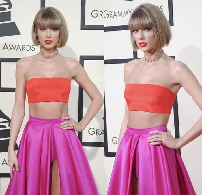 Taylor Swift contrasts a coral-orange bandeau top with a fuchsia-pink high-slit skirt in her custom Atelier Versace look