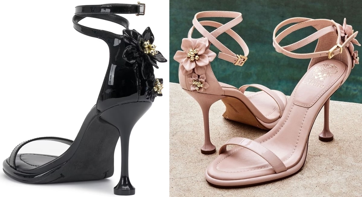 A floral embellishment at the heel counter adds a charming touch to the Vince Camuto Tanvie Sandal, featuring a unique stemware-shaped heel and a comfortable stitched-pillow footbed, perfect for complementing your floral jacquard dress