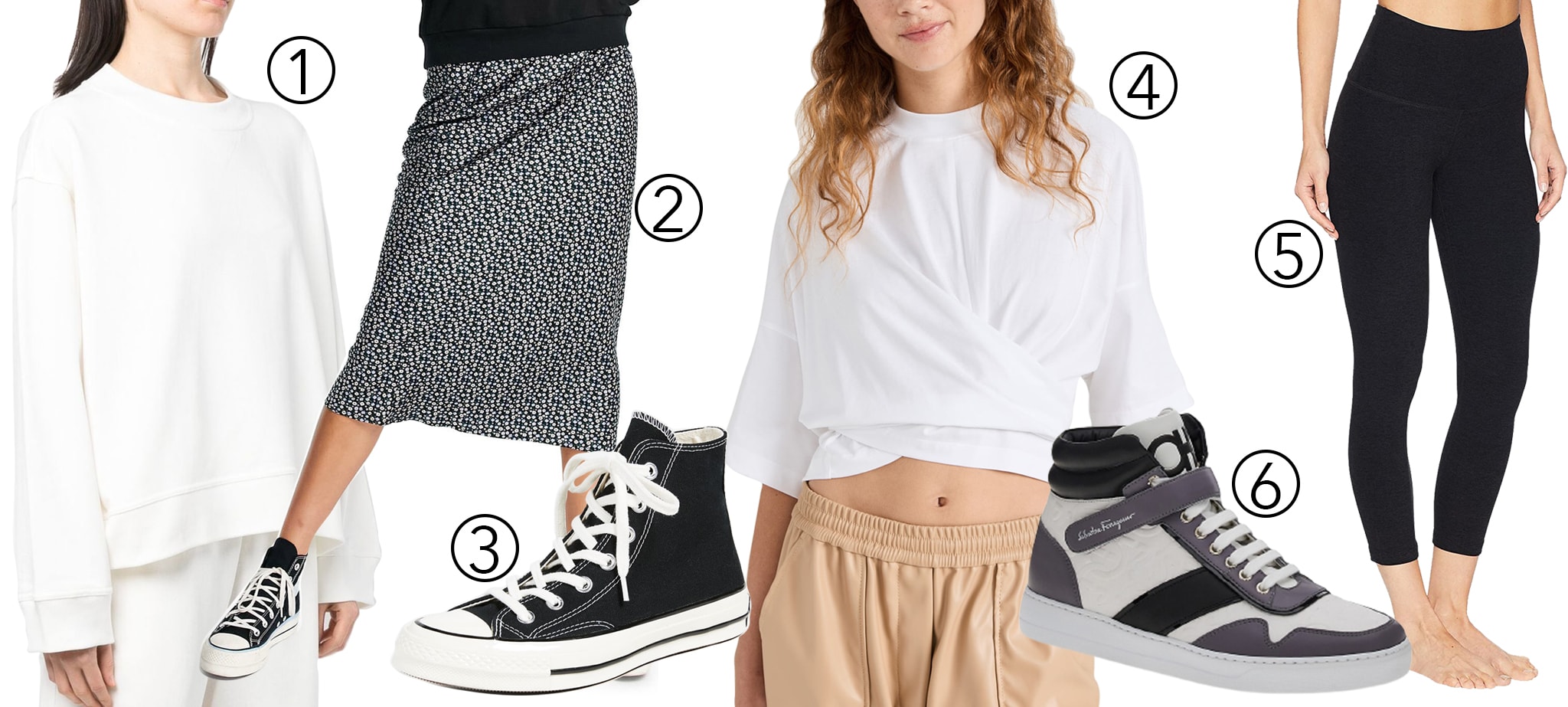 Sofie D'hoore Drop-Shoulder Cotton Sweater (1), Topshop Ditsy Print Bias Satin Midi Skirt (2), Converse All Star '70s High Top Sneakers (3), 3.1 Phillip Lim Twisted Tie Back T-Shirt (4), Beyond Yoga Spacedye High Waisted Capri Leggings (5), and Salvatore Ferragamo Noe High-Top Leather Sneakers (6)
