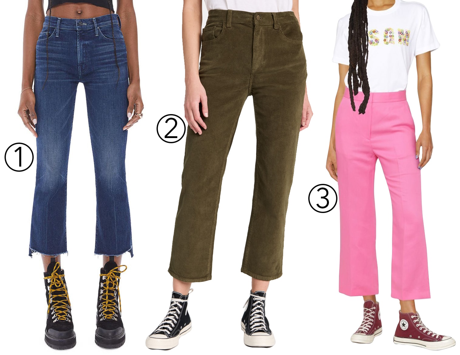 Mother the Insider Frayed Step Hem Crop Jeans (1), DL1961 Patti High Rise Straight Corduroy Pants (2), and MSGM Cropped Tailored Trousers (3)