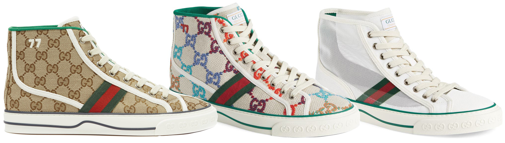 The Gucci Tennis 1977 reimagines the classic canvas high-top through the house's signature GG monogram, Web stripe detailing, and vintage tennis influences, creating one of Gucci's most recognizable sneaker silhouettes