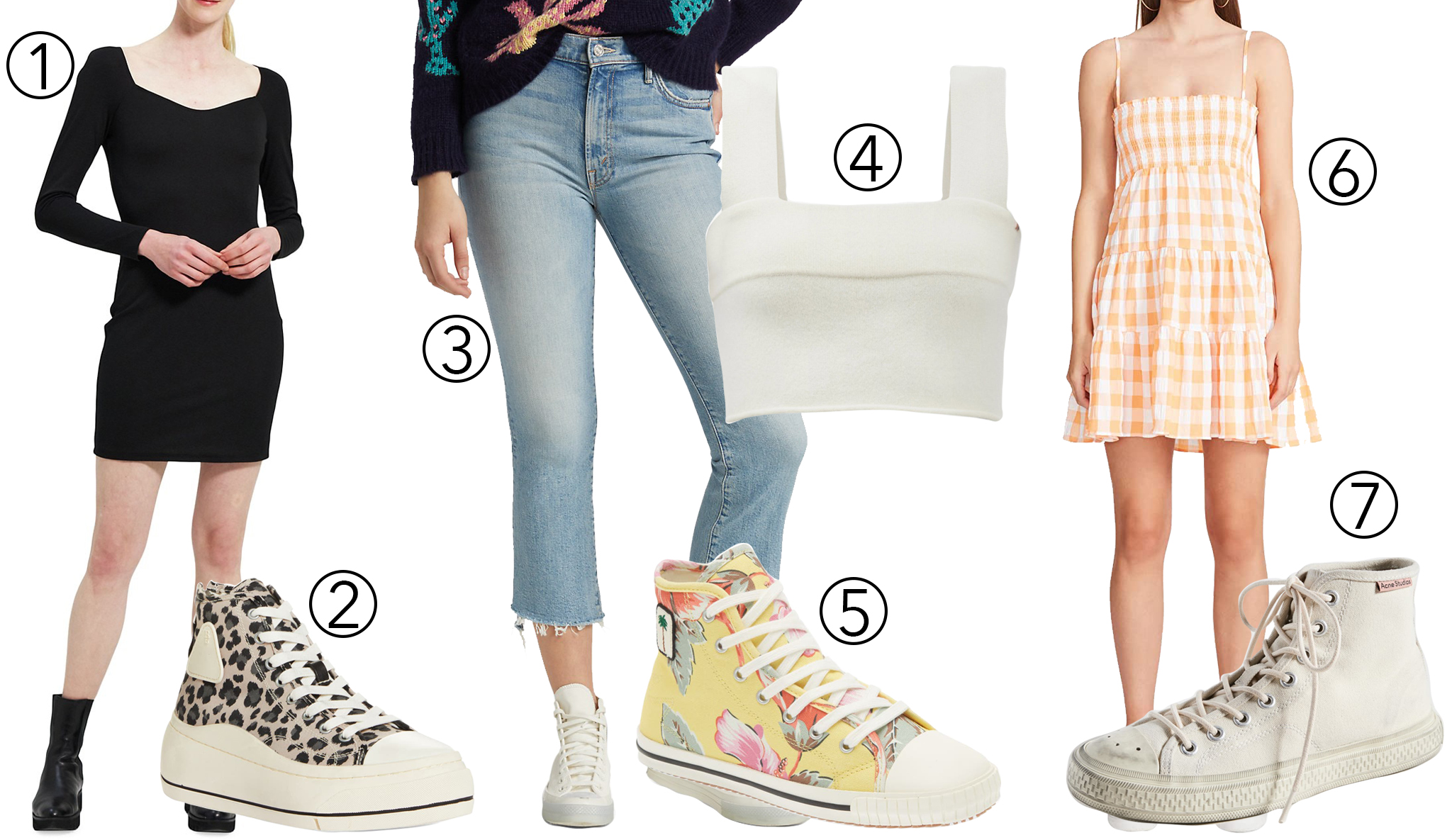 Theory long-sleeve minidress (1), R13 distressed platform high top sneaker (2), Mother the Insider cropped jeans (3), Extreme Cashmere No.219 Caress cropped top (4), Palm Angels Hibiscus high top sneaker (5), BB Dakota by Steve Madden Flirt a Lot mini dress (6), and Acne Studios Ballow high tumbled sneaker (7)