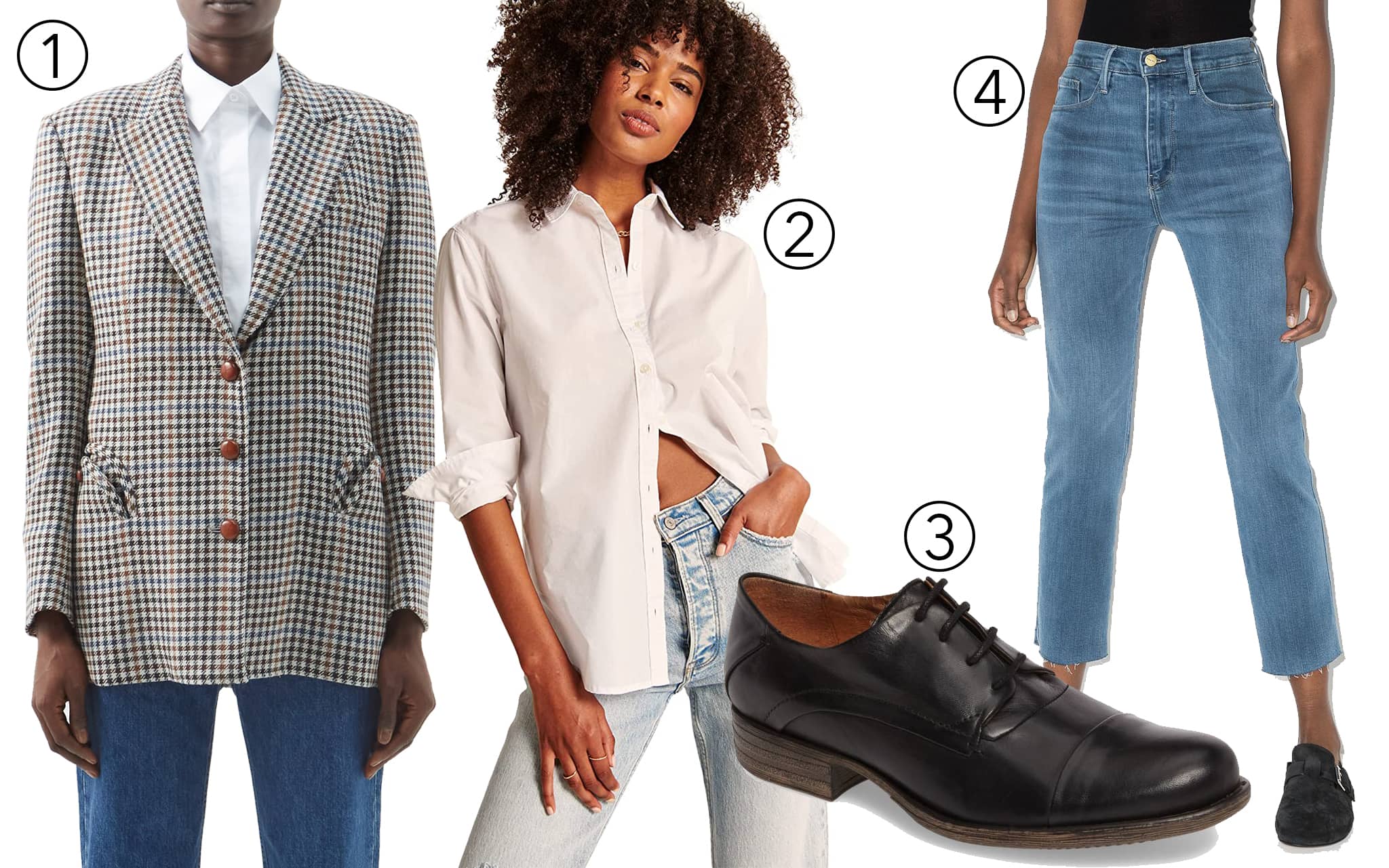 1. Elevate your style with a Blazé Milano houndstooth blazer; 2. layer with an Abercrombie Fitch oversized shirt; 3. add Miz Mooz Letty Oxford flats; 4. and Frame Le Sylvie cropped jeans