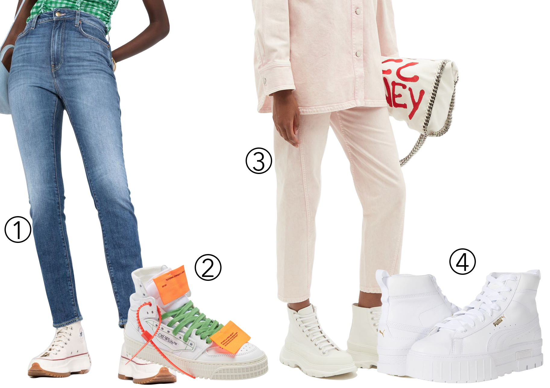 Washington Dee Cee Mid-Rise Skinny Jeans (1), Off-White Off Court 3.0 High Top Sneaker (2), Stella McCartney Twisted-Seam Slim-Leg Jeans (3), and Puma Mayze Sneakers (4)