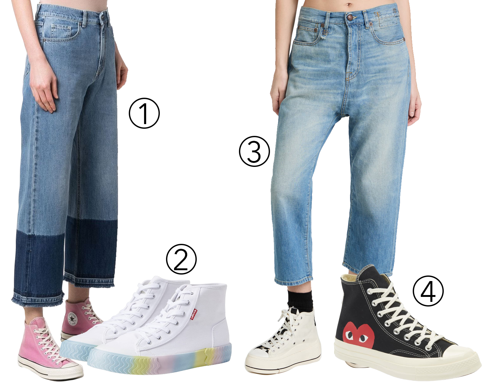 P.A.R.O.S.H. Crop Wide-leg Jeans (1), Levi's Shoes Modern Hi Dreamy Factory (2), R13 Tailored Drop Jeans (3), and Comme Des Garçons Play x Converse Chuck Taylor Hidden Heart High Top Sneaker (4)