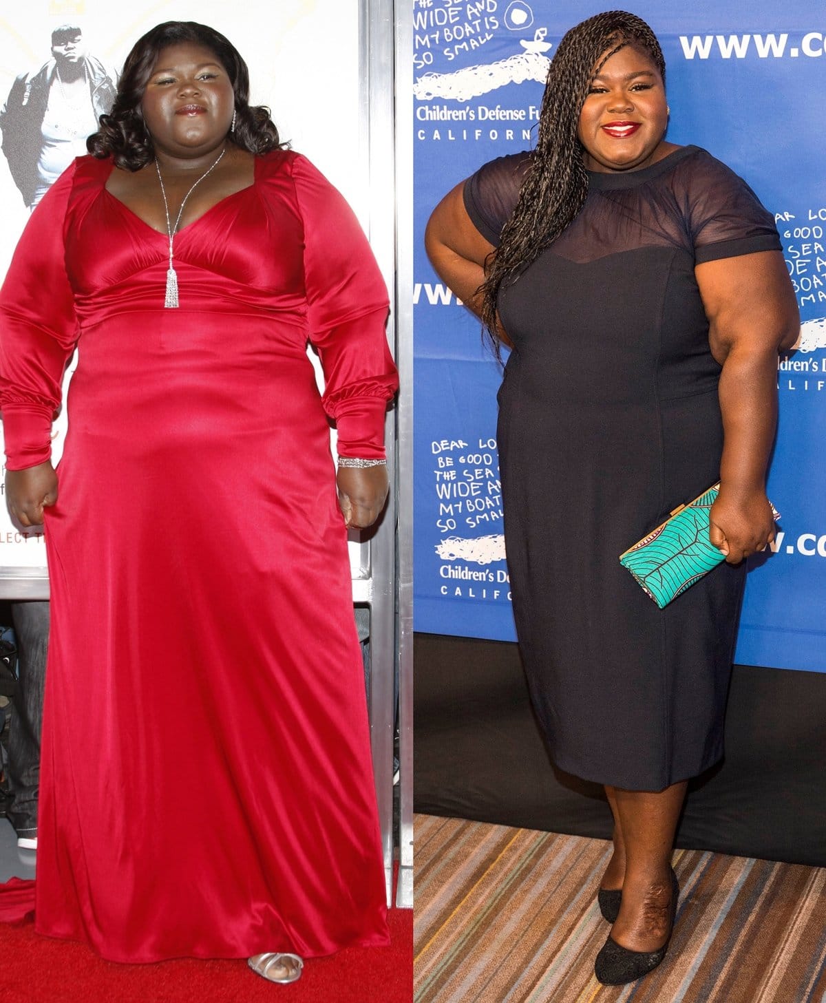 Gabourey Sidibe contrasts a fluid red satin gown with peep-toe heels on the red carpet, later opting for classic black pumps and a sheer-paneled dress—showcasing a shift toward streamlined, comfort-focused styling