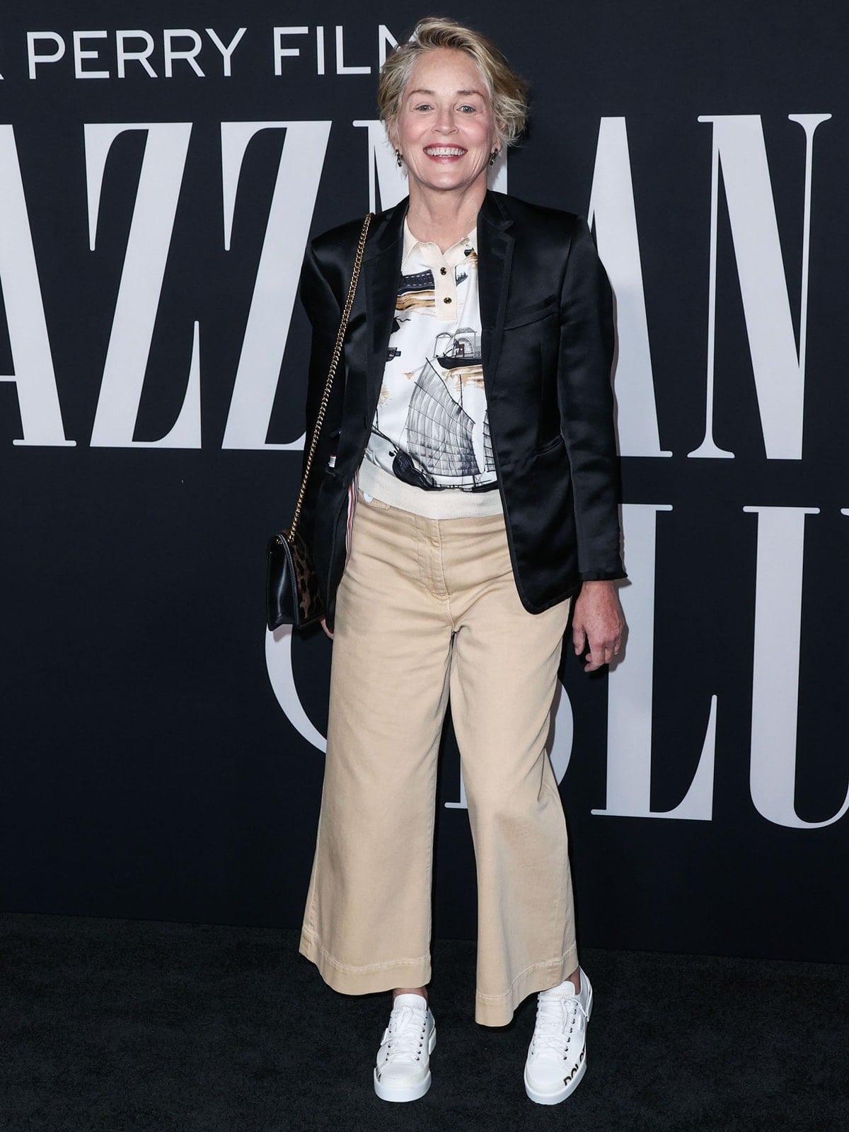Sharon Stone rocks white Dolce Gabbana sneakers at a Los Angeles Special Screening of Netflix's A Jazzman's Blues