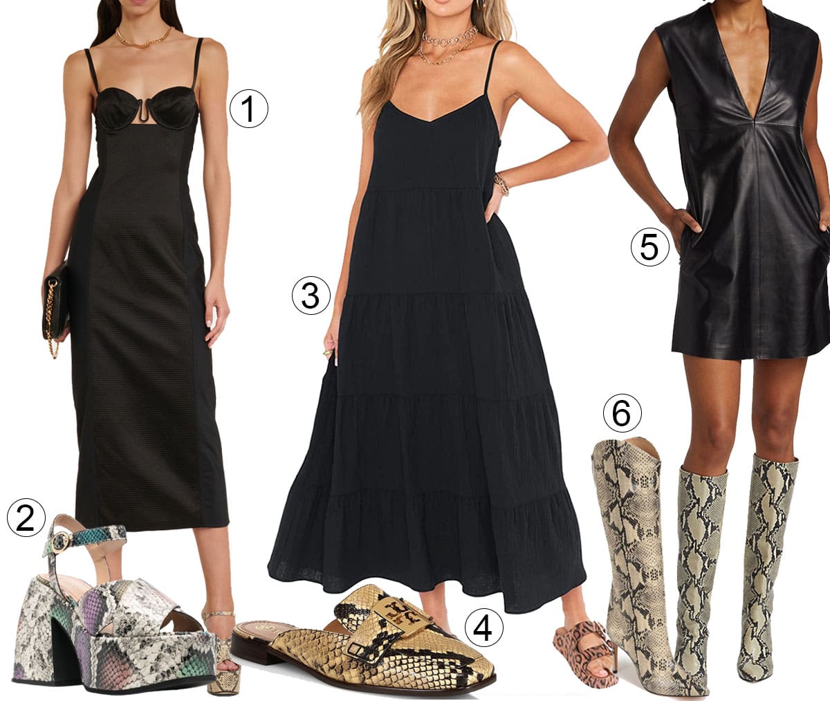 This image showcases fashionable black dresses paired with eye-catching animal print footwear: 1. Gucci Silk Duchesse Midi Dress, 2. Nodaleto Snakeskin Platform Sandal, 3. Show Me Your Mumu Caroline Maxi Dress, 4. Tory Burch Georgia Snake-Embossed Loafer Mule, 5. Sportmax Cabina Leather Plunge Dress, and 6. Schutz Maryana Pointed Toe Boot