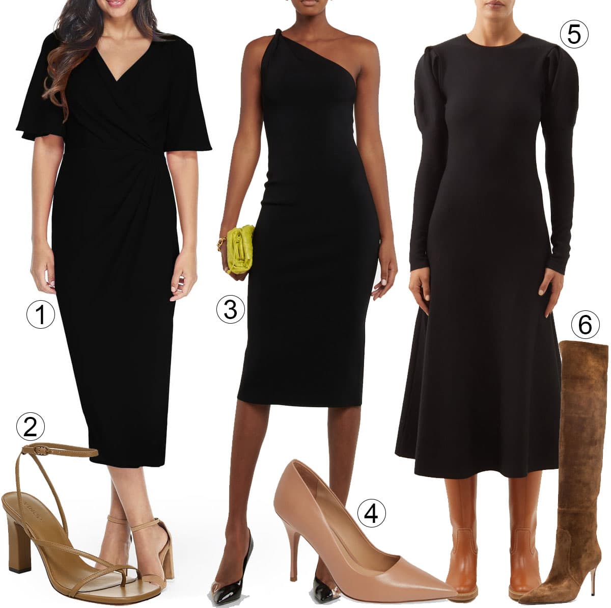 This image highlights stylish black dresses paired with neutral footwear: 1. Julia Jordan Rib Tie Waist Long Sleeve Sweater Dress, 2. Steve Madden Irenee Sandals, 3. Norma Kamali Diana One-Shoulder Dress, 4. Naturalizer Anna Pumps, 5. Khaite Ashland Midi Dress, and 6. Schutz Maryana Boots