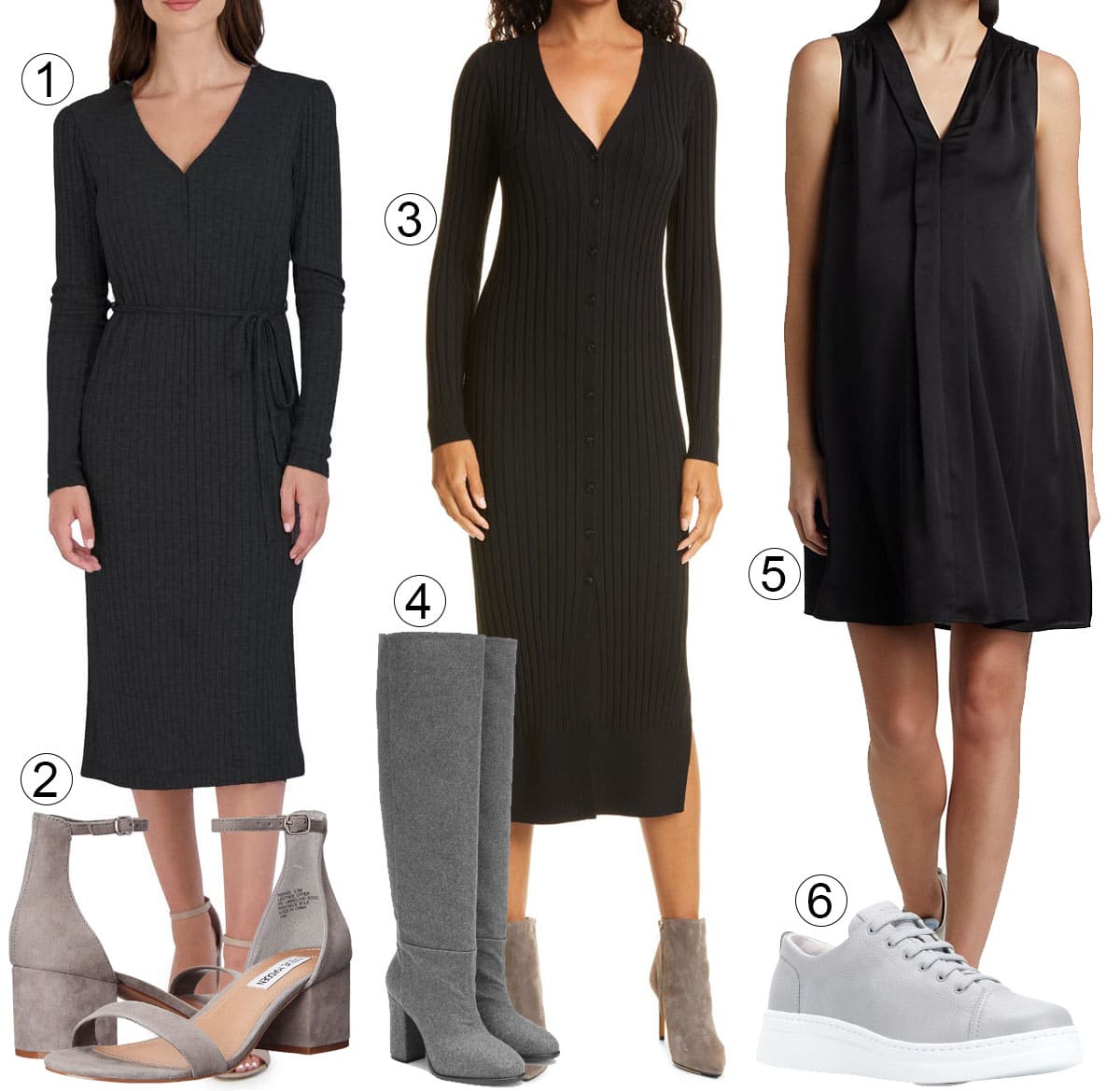 This image features cozy and chic black dresses paired with versatile gray footwear: 1. Julia Jordan Rib Tie Waist Long Sleeve Sweater Dress, 2. Steve Madden Irenee Sandals, 3. Club Monaco Ribbed Long Sleeve Wool Sweater Dress, 4. Dries Van Noten Over-the-Knee Boots, 5. Emilia George Fabric Matters Cecilia Trapeze Maternity Midi-Dress, and 6. Camper Runner-Up Sneakers