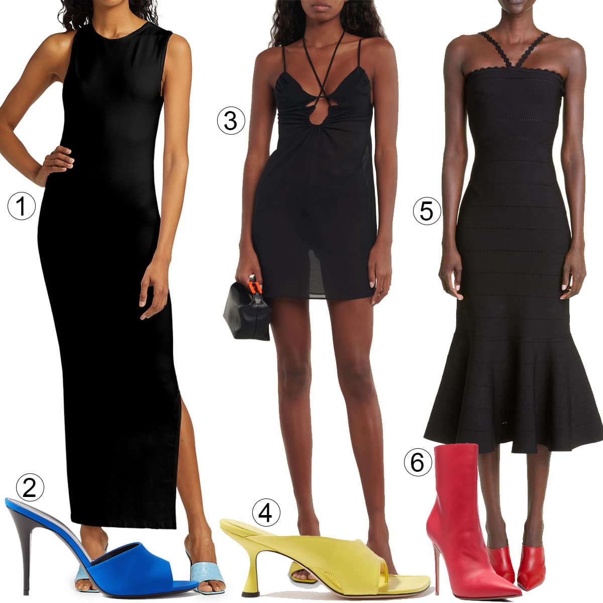This image presents bold and vibrant footwear paired with sleek black dresses: 1. Simon Miller Lou Cutout Maxi Dress, 2. Saint Laurent La 16 95 Crepe de Chine Mules, 3. Nensi Dojaka Cutout Halterneck Minidress, 4. Wandler Julio Thong Mule Sandal, 5. Victoria Beckham Pointelle Stripe Scallop Strap Sweater Dress, and 6. Le Silla Eva Ankle Boot