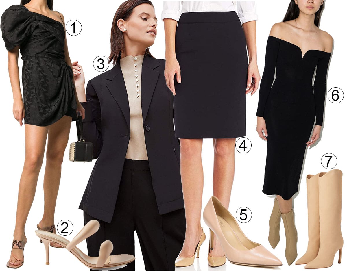 This image showcases chic outfit options featuring key pieces: 1. Isabel Marant One-Shoulder Triangle Dress, 2. Gianvito Rossi Padded Strap Sandals, 3. M.M. LaFleur Moreland Jacket, 4. Calvin Klein Straight-Fit Suit Skirt, 5. Naturalizer Anna Pump, 6. Khaite Valeska Midi Dress, and 7. Schutz Maryana Sculpt Boots