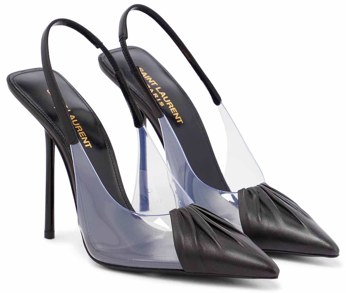 Saint Laurent Chica slingback pumps with ruched leather pointed toes and clear PVC side panels