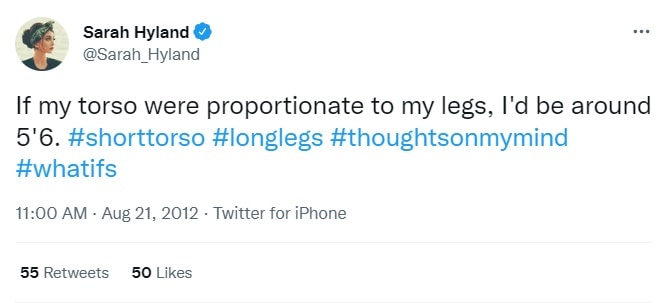 Sarah Hyland humorously reflects on her proportions, claiming she'd be 5'6" if her torso matched her long legs, in a playful tweet from 2012