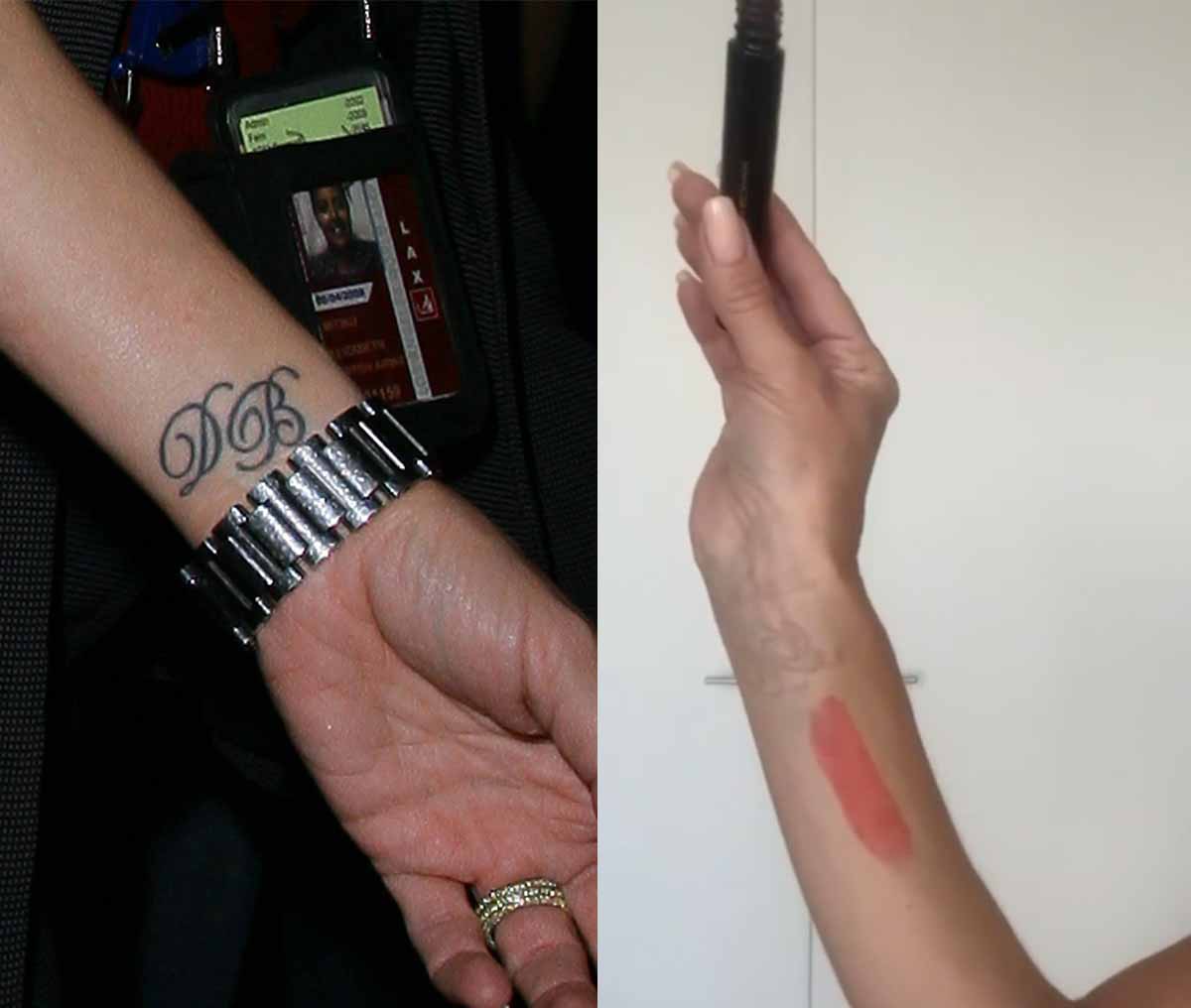 Victoria Beckham’s “DB” wrist tattoo honoring husband David Beckham is visible before its removal (left), while a later beauty video shows the same wrist without the initials (right)