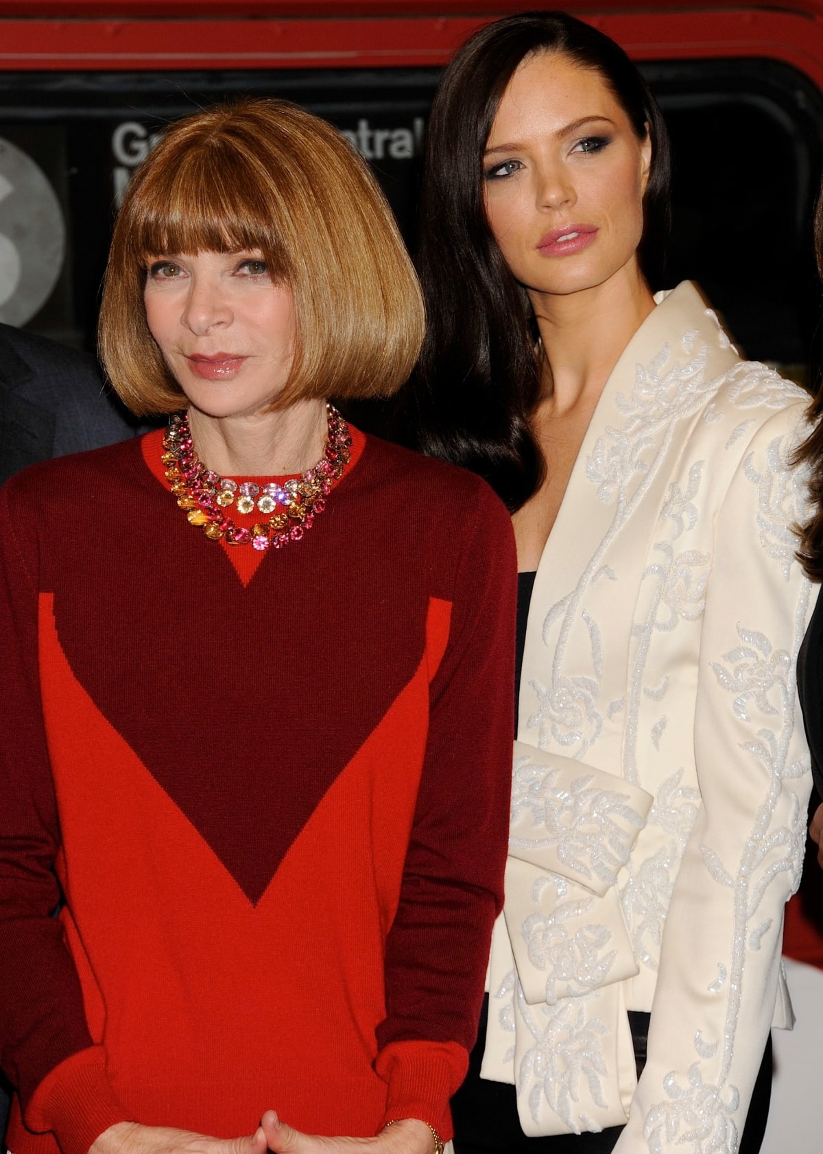 Anna Wintour and Georgina Chapman attend Britain’s Great Campaign launch in New York City on February 15, 2012, with Chapman exuding elegance in an ivory embroidered jacket featuring structured floral detailing