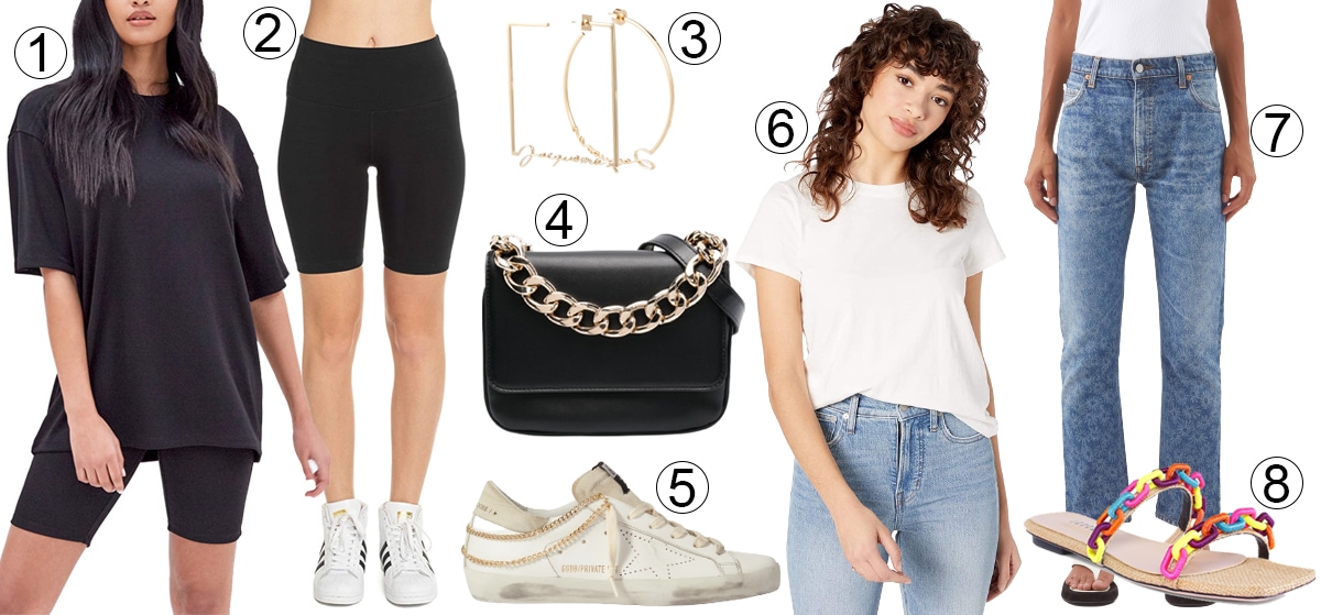 1. 4th Reckless Cara Oversize T-Shirt; 2. Hard Tail Flat Waist Cotton Spandex Bike Shorts; 3. Jacquemus Les Creoles Logo Hoop Earrings; 4. Twinset Chain-Strap Shoulder Bag; 5. Golden Goose Superstar Chain-Embellished Sneakers; 6. Madewell Northside Vintage Tee; 7. Re/Done '70s Floral-Print Straight-Leg Jeans; 8. Serena Uziyel Catena Jute Two-Strap Sandal