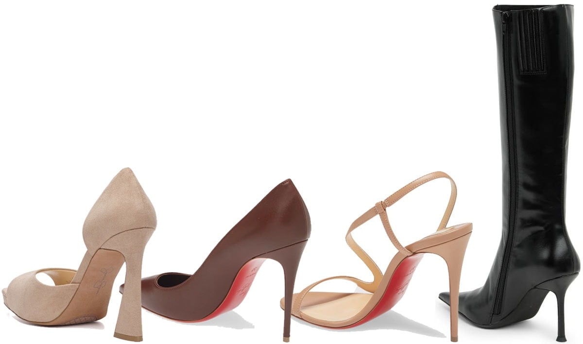 An elegant lineup of high heels featuring diverse designs, from classic pumps to strappy sandals and sleek boots, each offering a unique balance of style and elevation