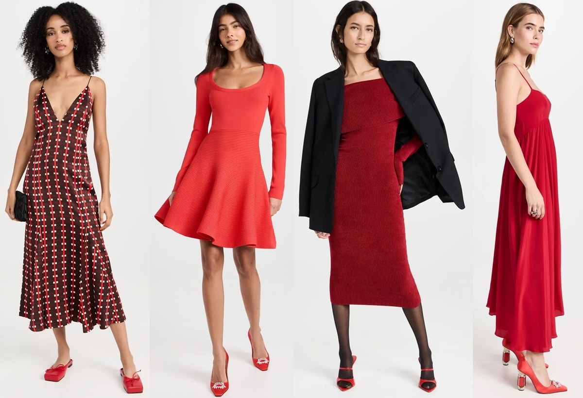 A monochrome red moment proves that matching your shoes to your dress creates a sleek, uninterrupted silhouette that feels instantly polished and leg-lengthening