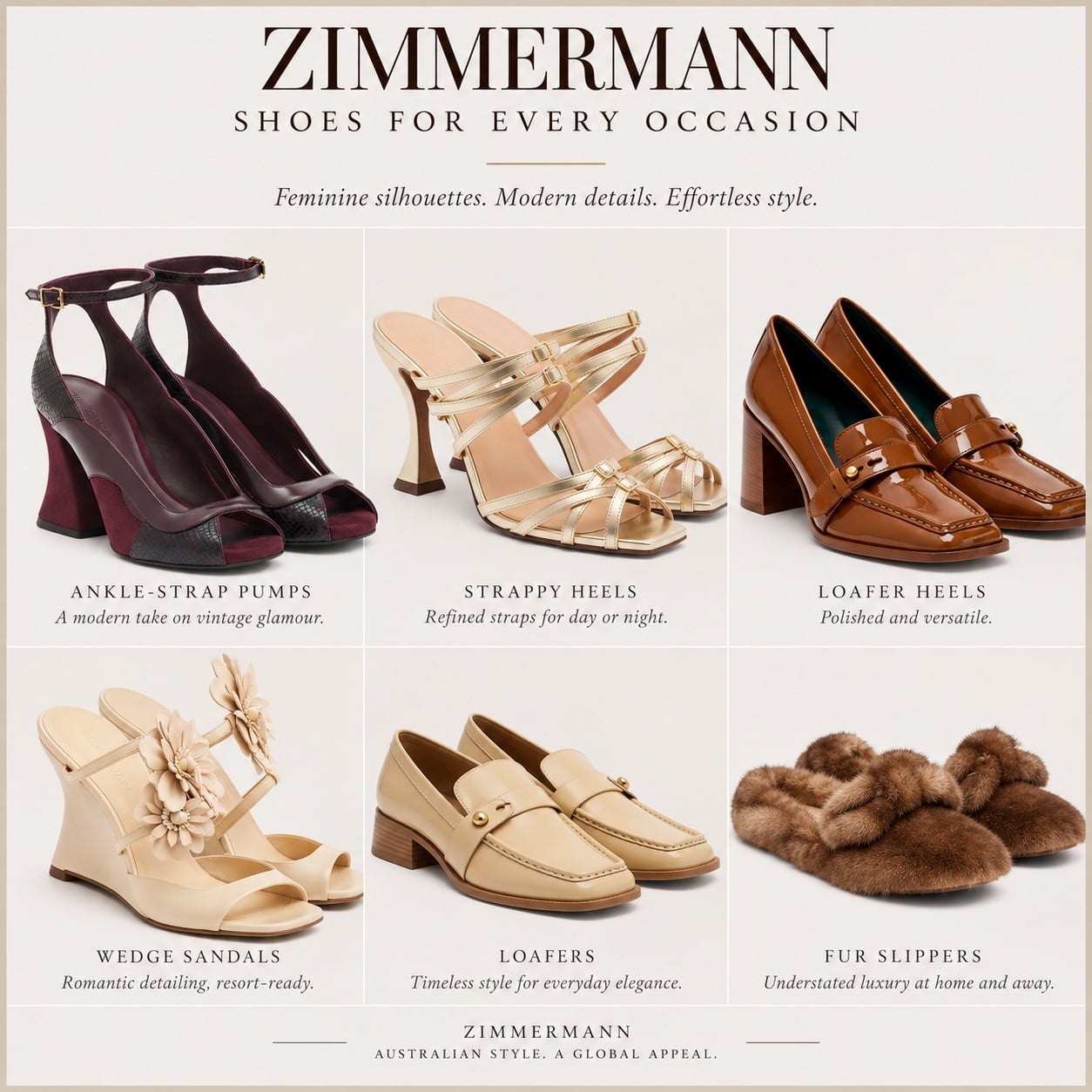 Zimmermann shoes including heels, strappy sandals, loafers, wedge sandals, floral heels, and faux-fur slippers
