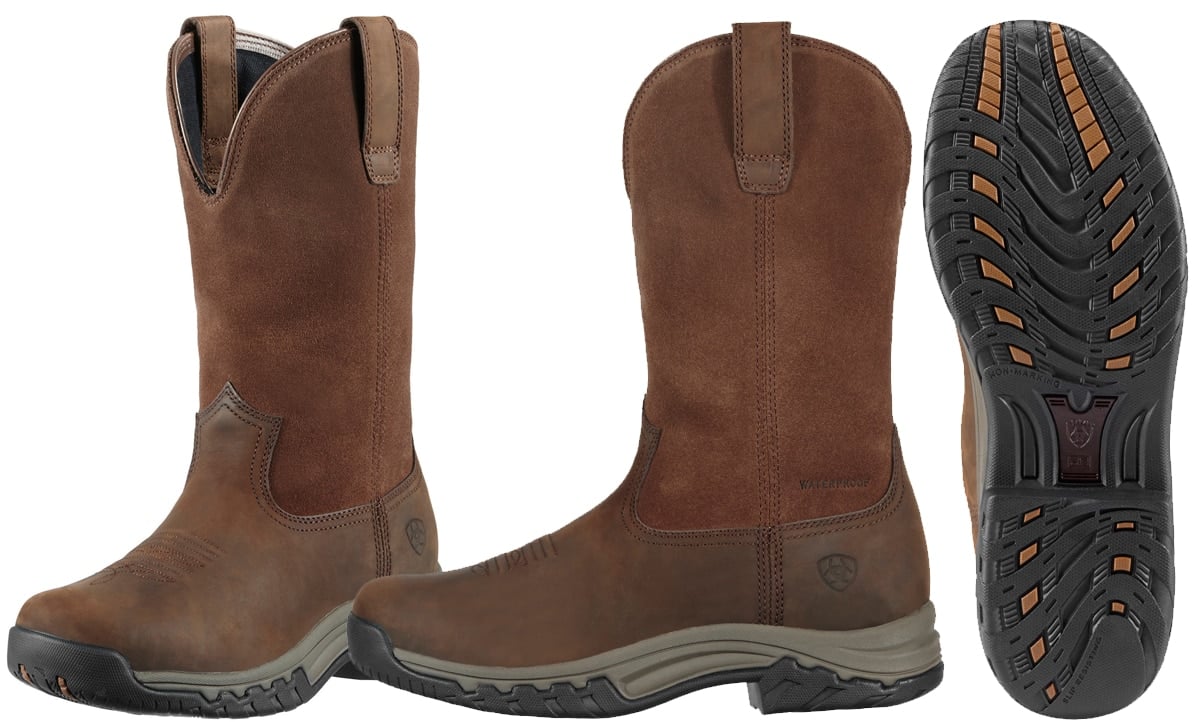 Combining Western and work boot, the Terrain Pull-On Waterproof Boots feature ATS lightweight forked shank for enhanced support, waterproof PRO construction, lightweight EVA midsole, and non-marking Duratread sole