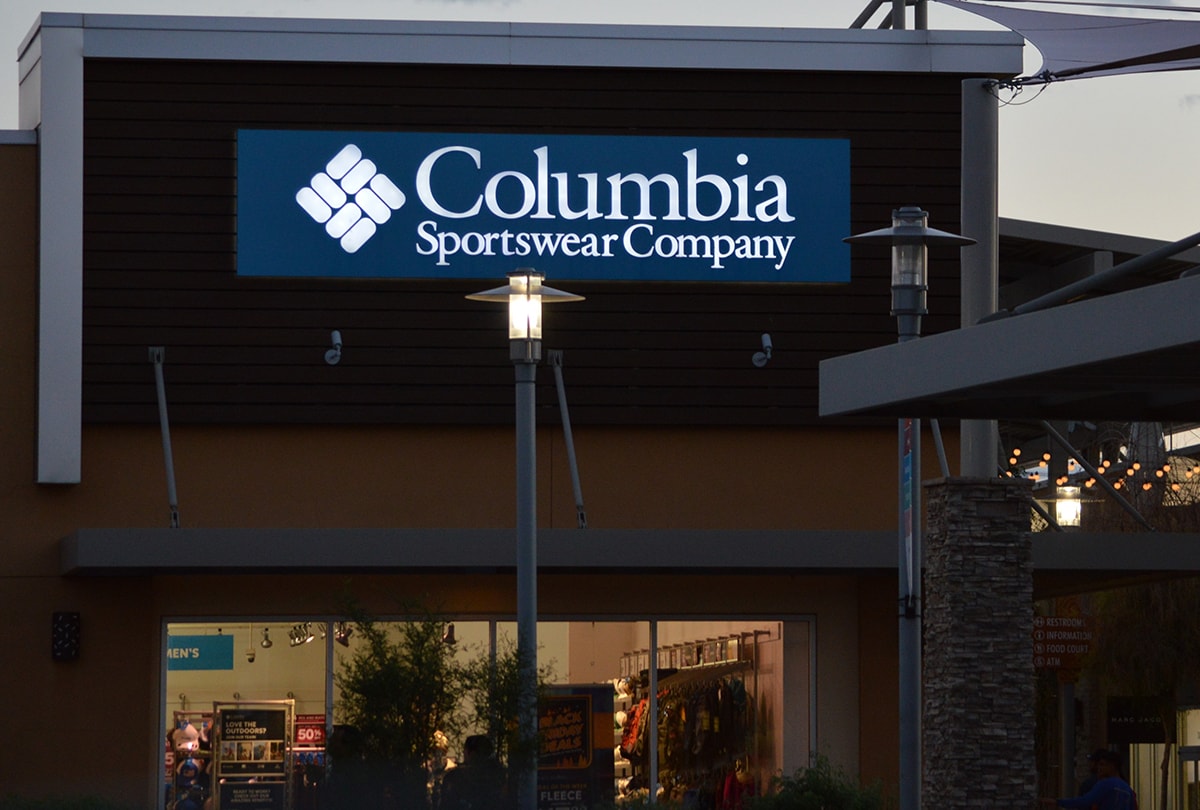 Columbia Sportswear storefront at an outlet mall, showcasing the brand’s strong retail presence and global recognition in outdoor apparel and footwear