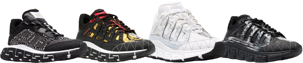 Available in an array of versions, the Trigeca sneakers feature a low-top chunky silhouette and a Greca-patterned sole