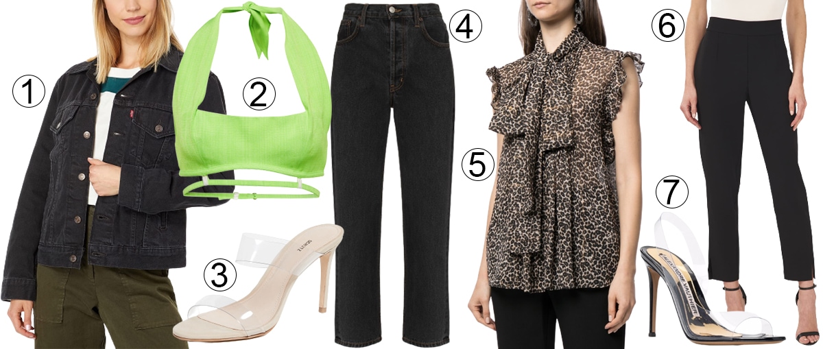 Neon and printed outfits with clear high heel shoes