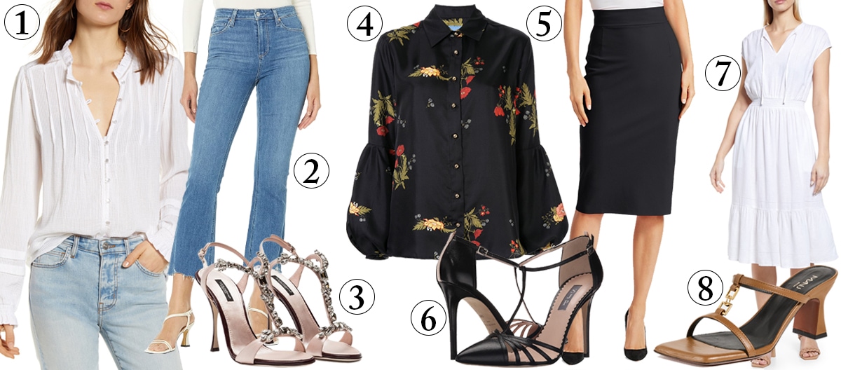 1. Faherty Willa Peasant Blouse; 2. Paige Claudine Jeans; 3. Dolce Gabbana Kiera T-Strap Sandals; 4. Macgraw Bonjour Blouse; 5. Chiara Boni La Petite Robe Lumi Jersey Skirt; 6. SJP by Sarah Jessica Parker Carrie Pumps; 7. Caslon Tiered Linen Blend Midi Dress; 8. Manu Atelier Joy Sandal